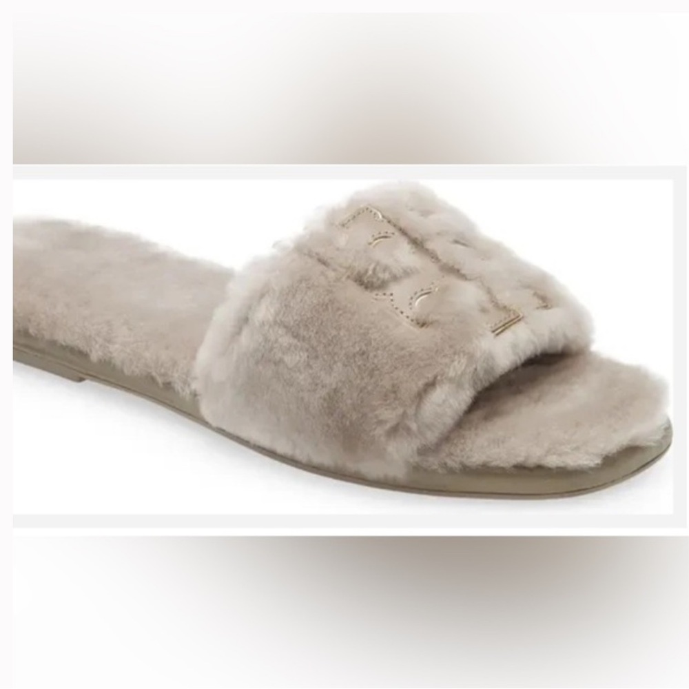 Tory Burch Double T Shearling Slide Sandal Gray Heron/Gold - Picture 3 of 7